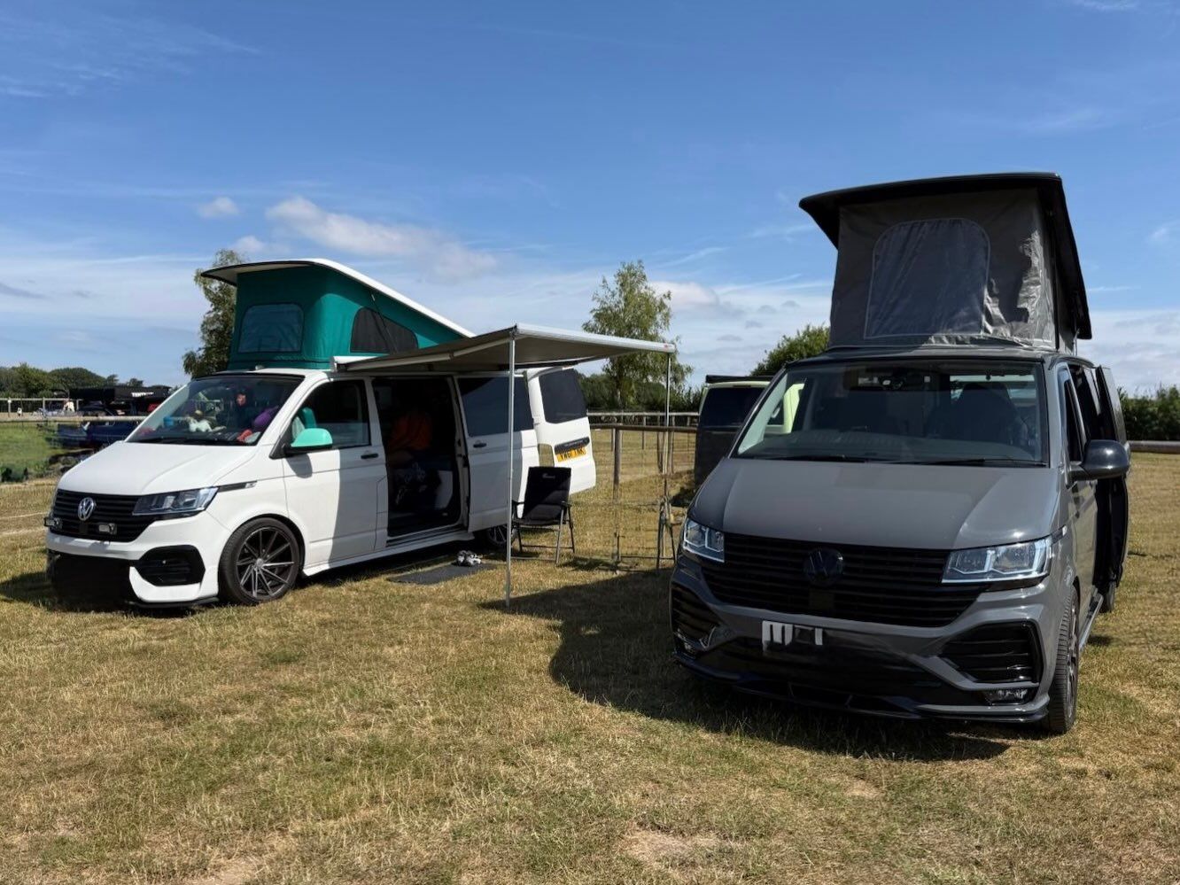 Lola, the white VW camper with a teal pop-top, and Ted, the grey one, roofs up on a sunny campsite